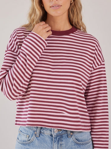 Everyday Stripe in burgundy and pink — close-up of the ribbed contrast crew neckline