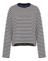 Everyday Stripe in navy and cream — boxy striped long-sleeve top with ribbed contrast collar, flat lay