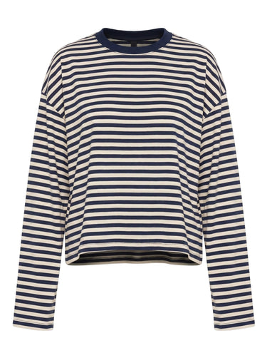 Everyday Stripe in navy and cream — boxy striped long-sleeve top with ribbed contrast collar, flat lay