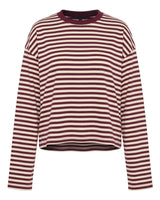 Everyday Stripe in burgundy and cream — boxy striped long-sleeve top with ribbed collar, flat lay