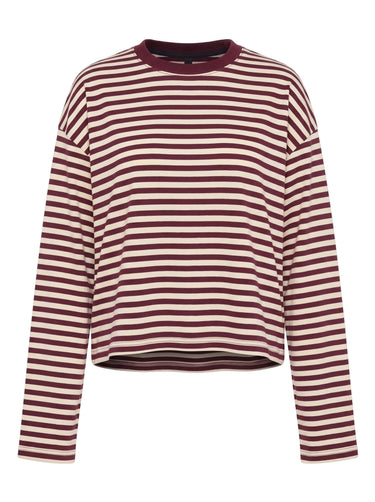 Everyday Stripe in burgundy and cream — boxy striped long-sleeve top with ribbed collar, flat lay