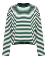 Everyday Stripe in green and cream — boxy striped long-sleeve top with ribbed contrast collar, flat lay