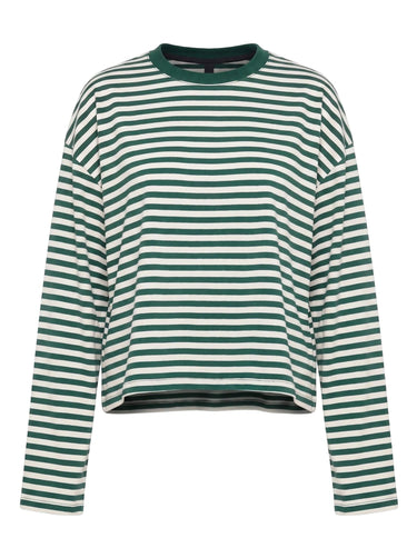 Everyday Stripe in green and cream — boxy striped long-sleeve top with ribbed contrast collar, flat lay