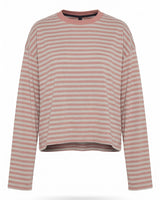 Everyday Stripe in pink and sage — boxy striped long-sleeve top with ribbed collar, flat lay