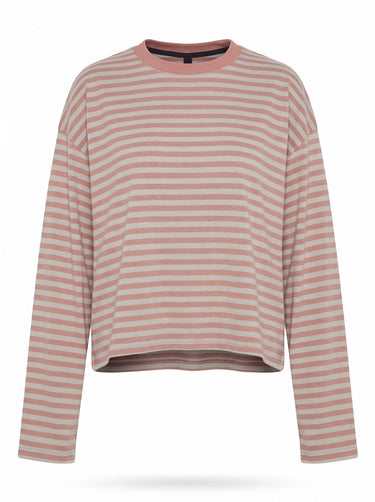 Everyday Stripe in pink and sage — boxy striped long-sleeve top with ribbed collar, flat lay