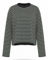 Everyday Stripe in sage and black — boxy striped long-sleeve top with ribbed contrast collar, flat lay