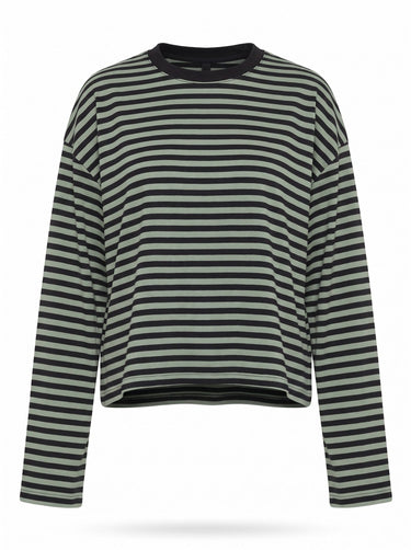 Everyday Stripe in sage and black — boxy striped long-sleeve top with ribbed contrast collar, flat lay