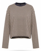 Everyday Stripe in khaki and navy — boxy striped long-sleeve top with navy ribbed collar, flat lay