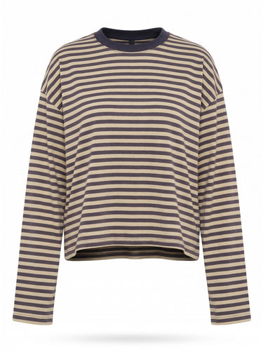 Everyday Stripe in khaki and navy — boxy striped long-sleeve top with navy ribbed collar, flat lay