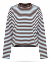 Everyday Stripe in chocolate and blue — boxy striped long-sleeve top with chocolate ribbed collar, flat lay