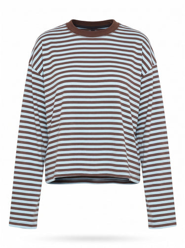 Everyday Stripe in chocolate and blue — boxy striped long-sleeve top with chocolate ribbed collar, flat lay