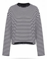 Everyday Stripe in black and white — boxy striped long-sleeve top with ribbed contrast collar, flat lay