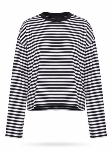 Everyday Stripe in black and white — boxy striped long-sleeve top with ribbed contrast collar, flat lay