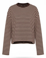 Everyday Stripe in brown and taupe — boxy striped long-sleeve top with ribbed collar, flat lay