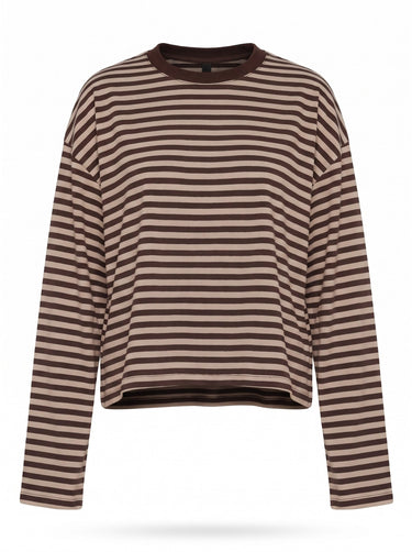 Everyday Stripe in brown and taupe — boxy striped long-sleeve top with ribbed collar, flat lay