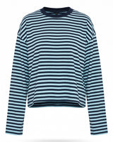 Everyday Stripe in navy and aqua — boxy striped long-sleeve top with ribbed contrast collar, flat lay