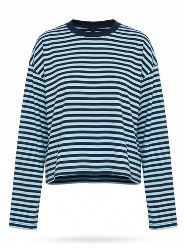 Everyday Stripe in navy and aqua — boxy striped long-sleeve top with ribbed contrast collar, flat lay