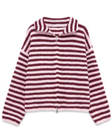 Tori Knit in Burgundy & Pink — flat lay of the striped ribbed zip-front knit