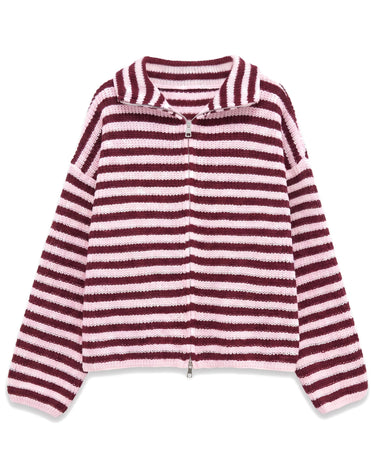 Tori Knit in Burgundy & Pink — flat lay of the striped ribbed zip-front knit