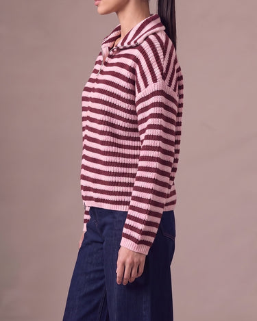 Tori Knit in Burgundy & Pink — side view showing the relaxed cropped shape and dropped shoulder
