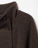 Henrietta Coat in brown, fabric close-up of the diagonal twill weave, collar and buttons