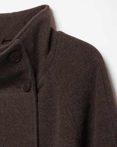Henrietta Coat in brown, fabric close-up of the diagonal twill weave, collar and buttons