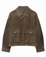 Juniper Suede Utility Jacket in olive, front product shot on white