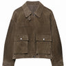 Juniper Suede Utility Jacket in olive, front product shot on white