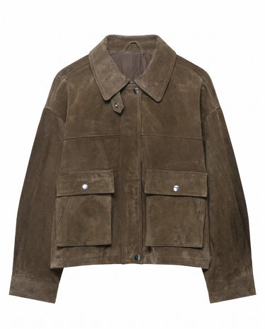 Juniper Suede Utility Jacket in olive, front product shot on white