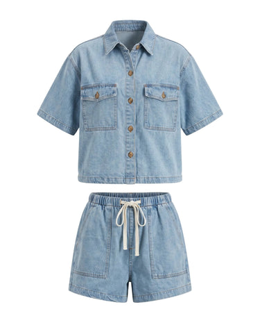 Light Wash denim wide-fit set, shirt and shorts flat lay – Moriel Heritage
