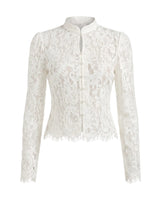 Florence Blouse in white — sheer floral lace blouse with a stand collar and pearl button front, flat-lay