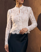 Florence Blouse in white — front view showing the fitted body and scalloped lace hem