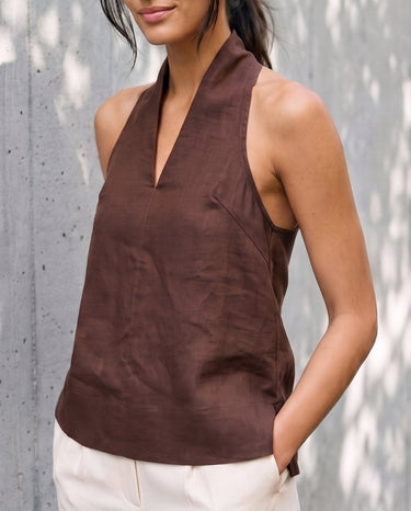 The Floriene Linen Blend Halter in coffee — halter top, front view on model