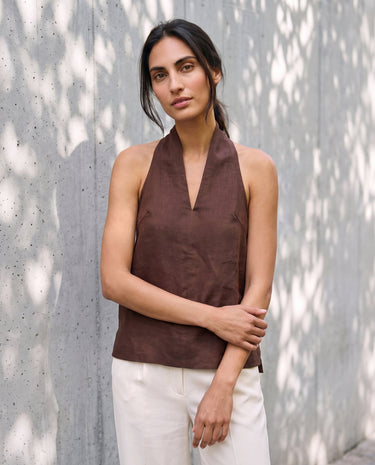 The Floriene Linen Blend Halter in coffee — halter top, front view on model