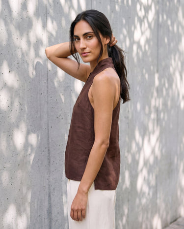 The Floriene Linen Blend Halter in coffee — halter top, side view on model
