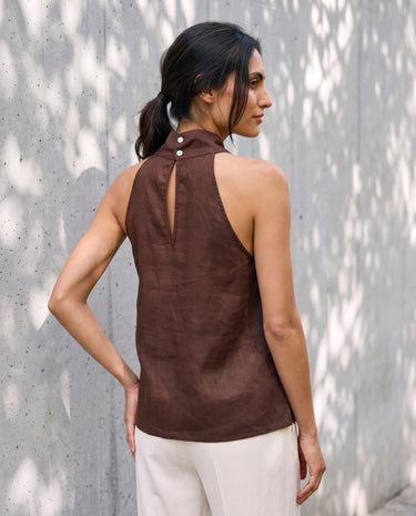 The Floriene Linen Blend Halter in coffee — halter top, back view on model
