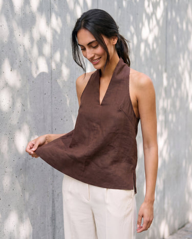 The Floriene Linen Blend Halter in coffee — halter top, front view on model