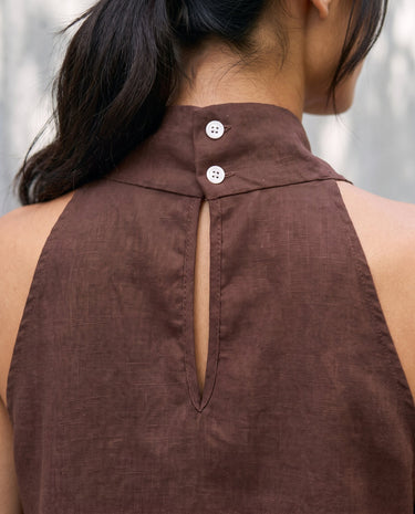 The Floriene Linen Blend Halter in coffee — close-up of the back keyhole and button detail