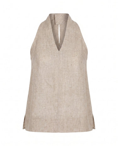 The Floriene Linen Blend Halter in beige — sleeveless linen-blend halter top with V neckline, product flat-lay
