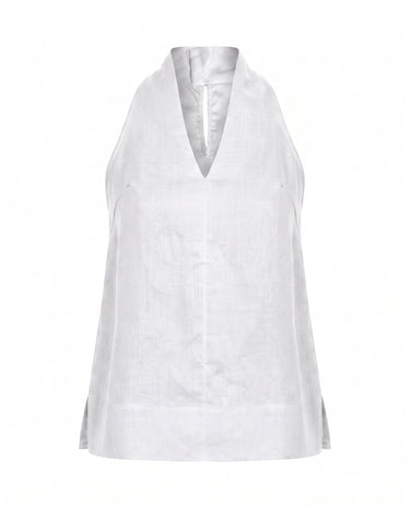 The Floriene Linen Blend Halter in white — sleeveless linen-blend halter top with V neckline, product flat-lay
