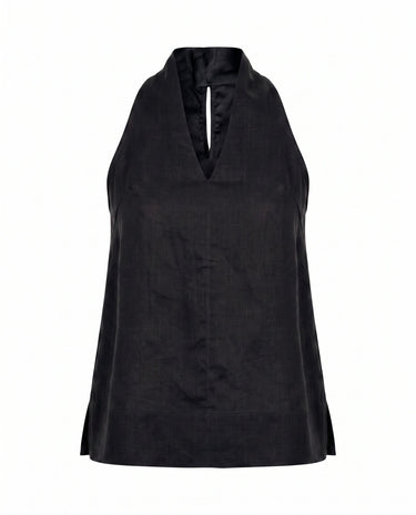 The Floriene Linen Blend Halter in black — sleeveless linen-blend halter top with V neckline, product flat-lay