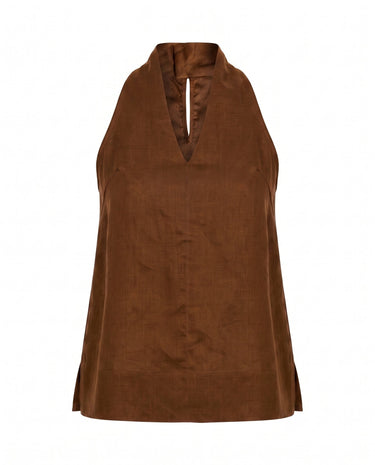 The Floriene Linen Blend Halter in caramel — sleeveless linen-blend halter top with V neckline, product flat-lay