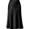 Black satin-look bias-cut midi skirt with flared hem, flat-lay front view – Moriel Heritage