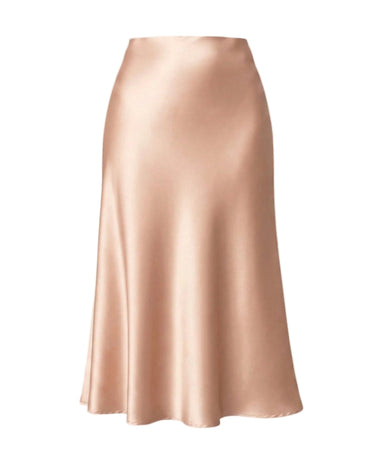 Beige satin-look bias-cut midi skirt with flared hem, flat-lay front view – Moriel Heritage