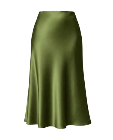 Olive green satin-look bias-cut midi skirt with flared hem, flat-lay front view – Moriel Heritage