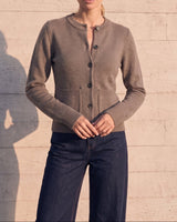 The Frankie Knit Cardi in khaki — full front view on model showing the hip-length hem