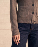 The Frankie Knit Cardi in khaki — close-up of the patch pocket, ribbed hem and flared cuff