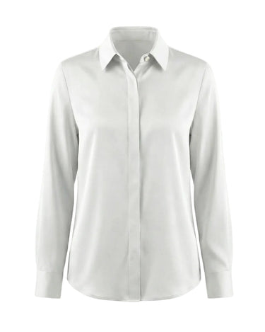 Graceful Satin Look Office Dress Shirt in white, flat lay front view with point collar