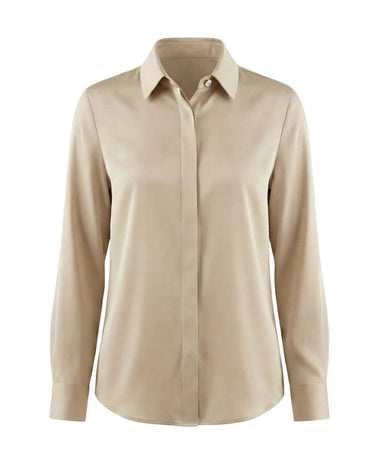 Graceful Satin Look Office Dress Shirt in beige, flat lay front view with point collar