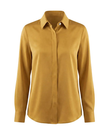Graceful Satin Look Office Dress Shirt in mustard, flat lay front view with point collar